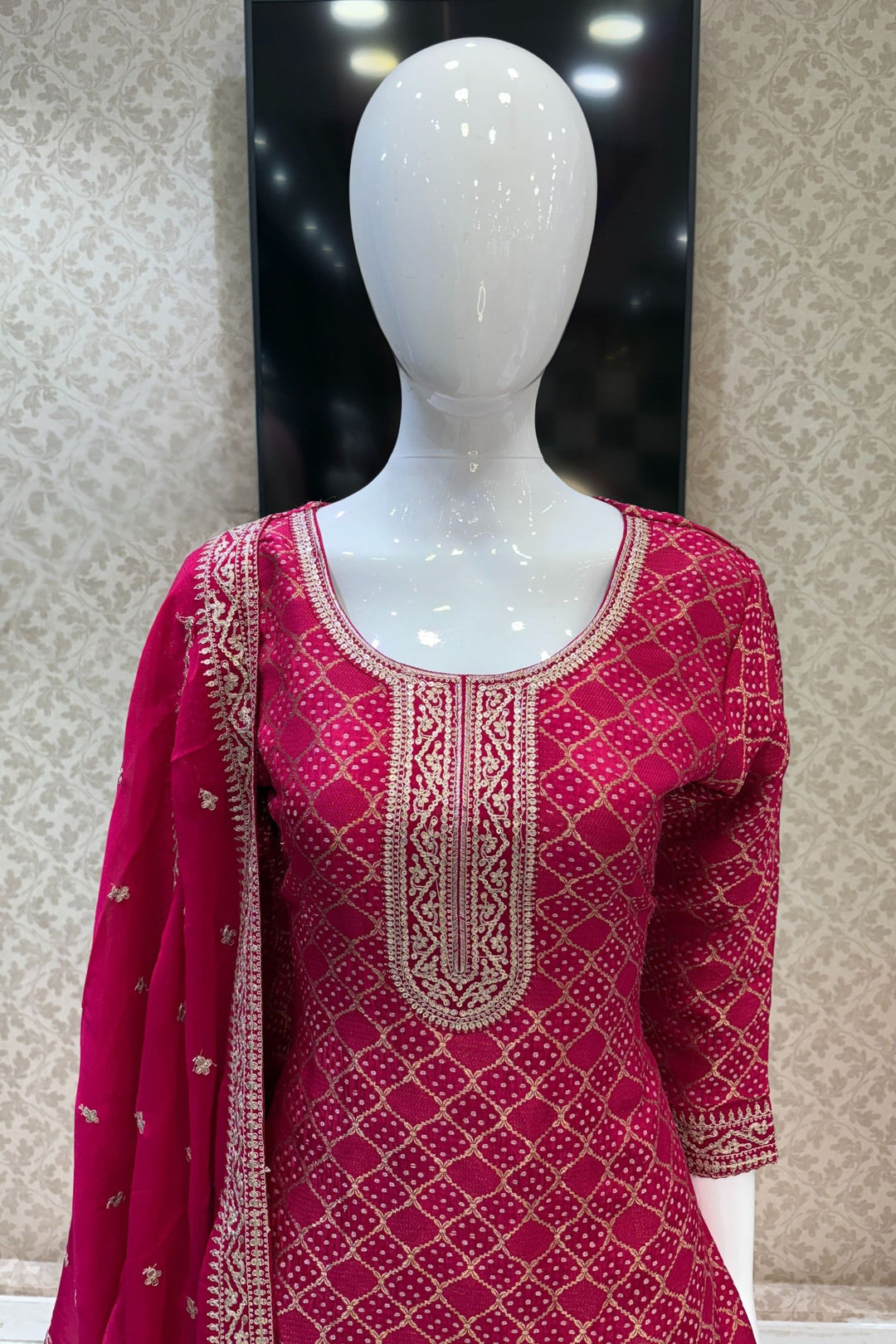 Rani Pink Banaras, Sequins and Zari work with Bandini Print Straight Cut Salwar Suit