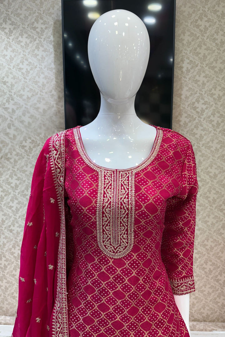 Rani Pink Banaras, Sequins and Zari work with Bandini Print Straight Cut Salwar Suit