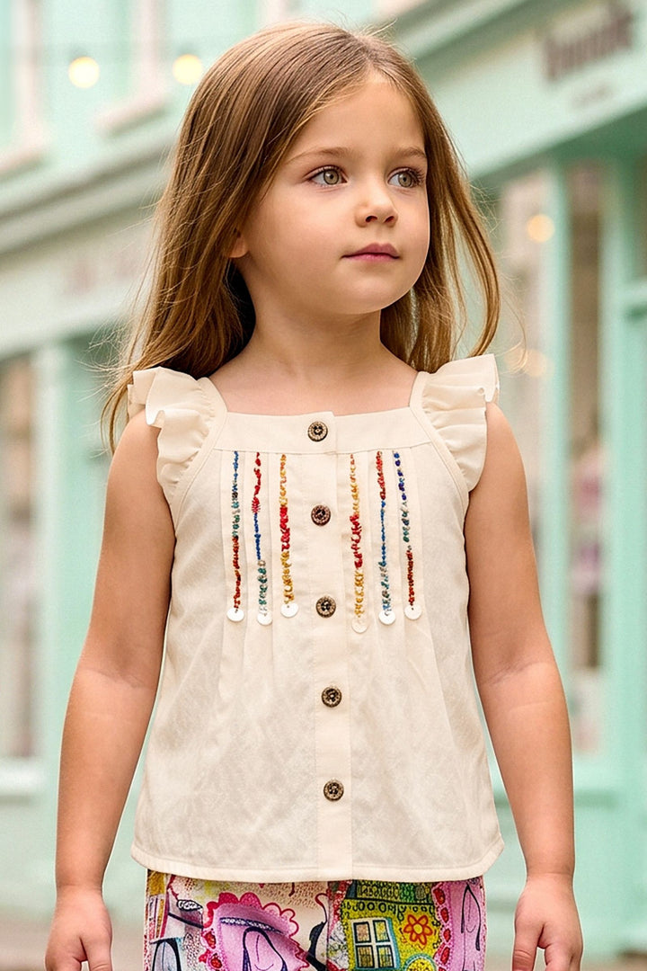 Cream Top with Multicolor Digital Print Shorts For Girls