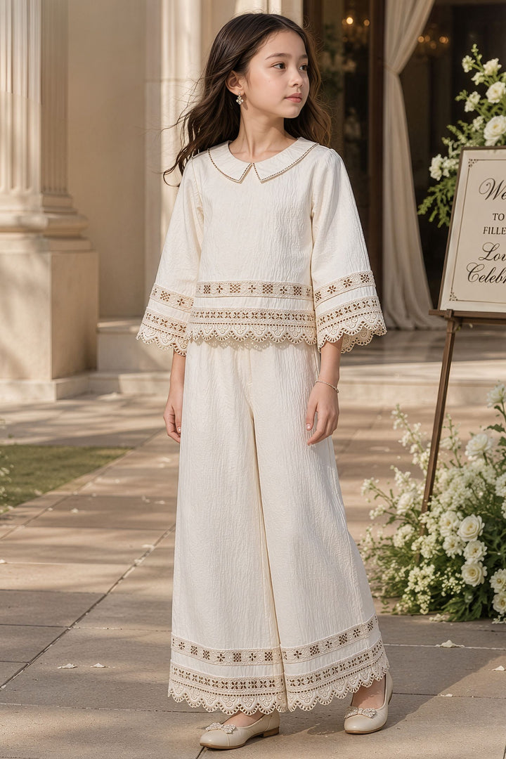 Cream Zari work Top and Palazzo Set for Girls
