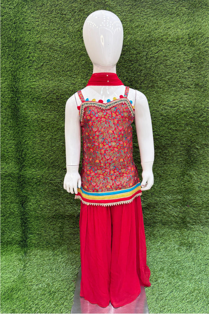 Red Zari, Stone and Zardozi work with Digital Print Palazzo Suit Set for Girls