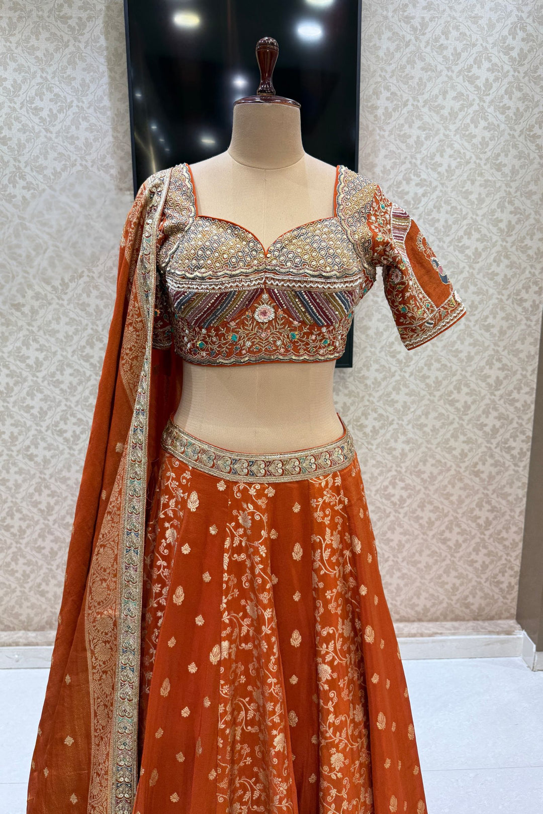 Orange Zari, Sequins, Beads and Multicolor Thread work Crop Top Lehenga