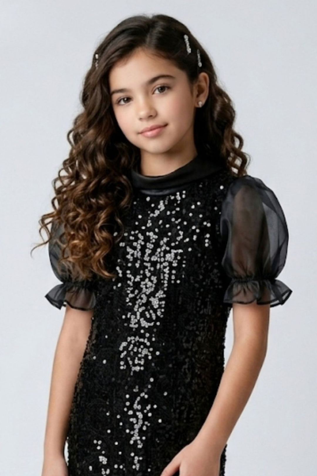 Black Sequins work Partywear Short Frock for Girls
