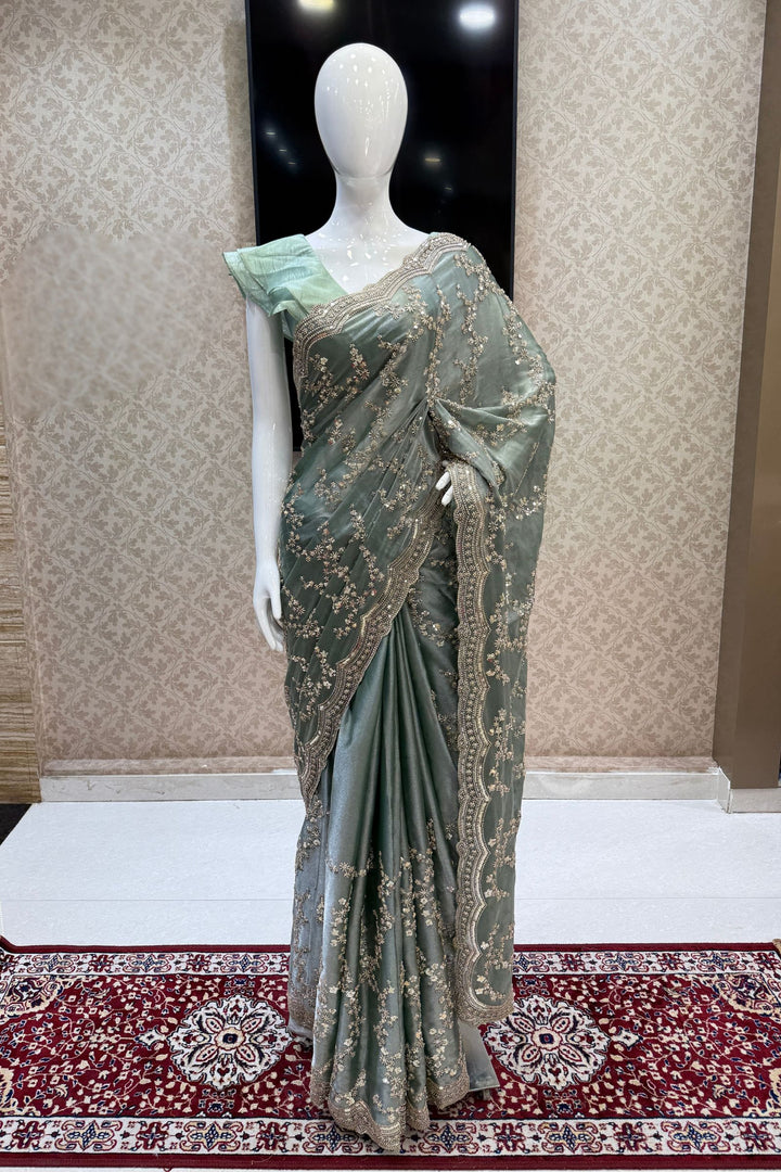 Sea Green Beads, Zari and Sequins work Saree