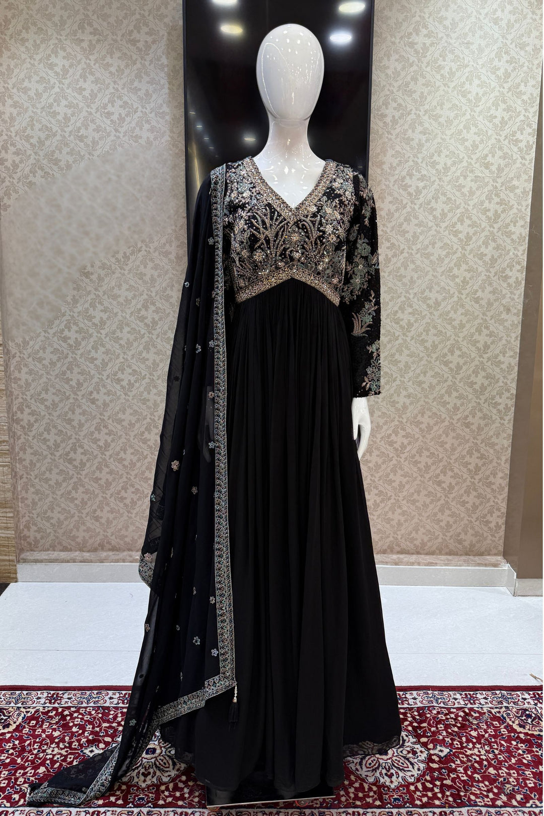 Black Embroidery, Sequins, Beads, Mirror and Stone work Floor Length Anarkali Suit