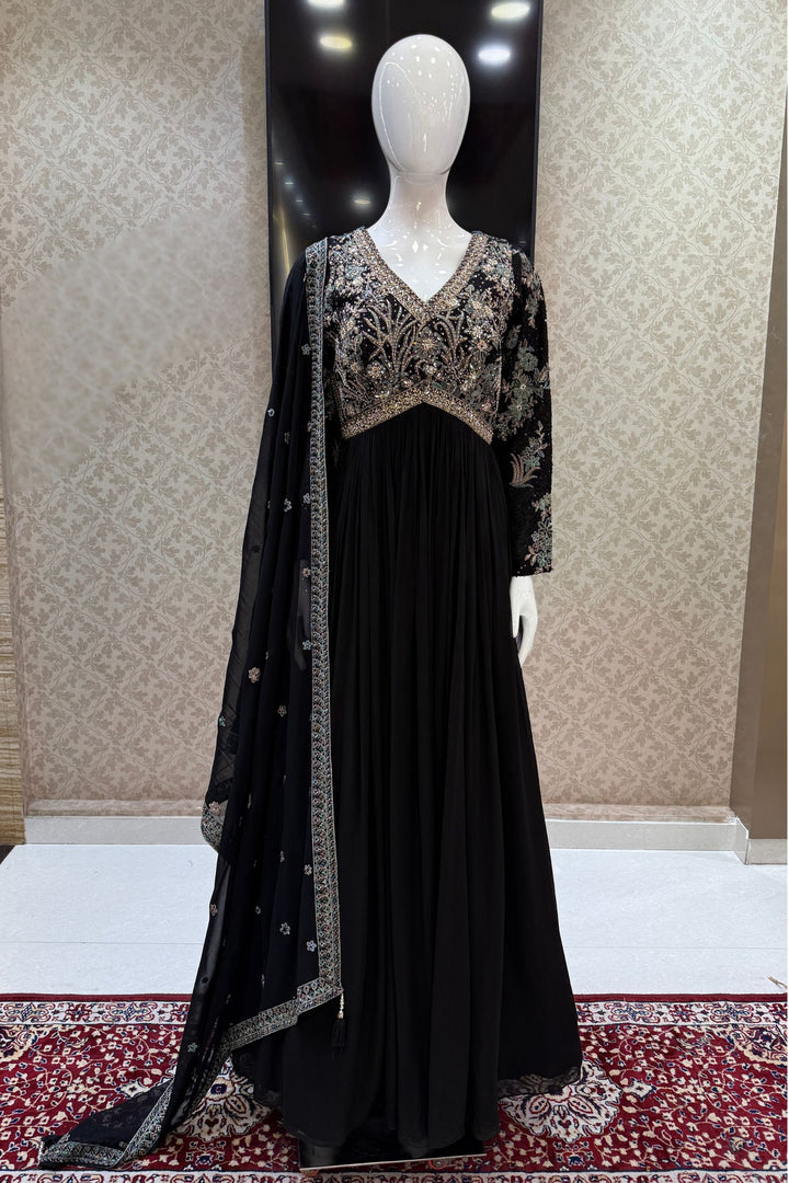Black Embroidery, Sequins, Beads, Mirror and Stone work Floor Length Anarkali Suit