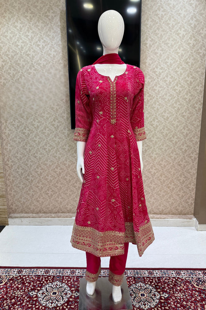 Rani Pink Zardozi, Stone, Sequins and Zari work with Bandini Print Anarkali Style Salwar