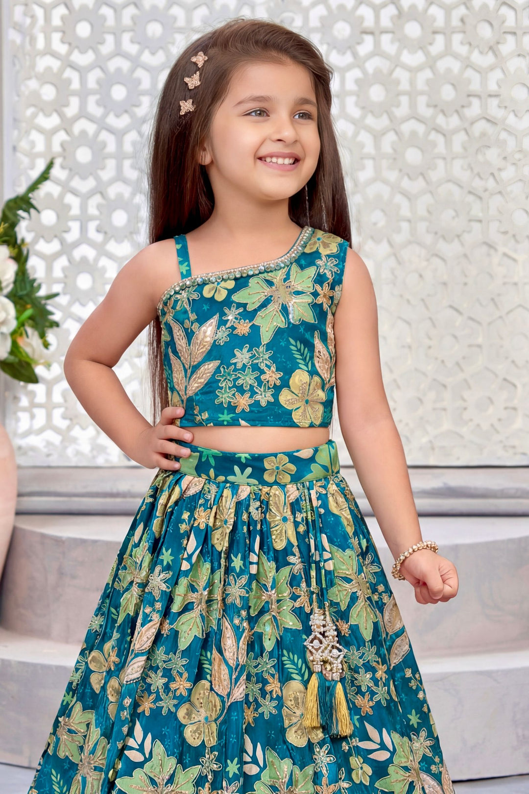 Rama Blue Sequins, Stone and Zari work with Floral Print Lehenga Choli for Girls