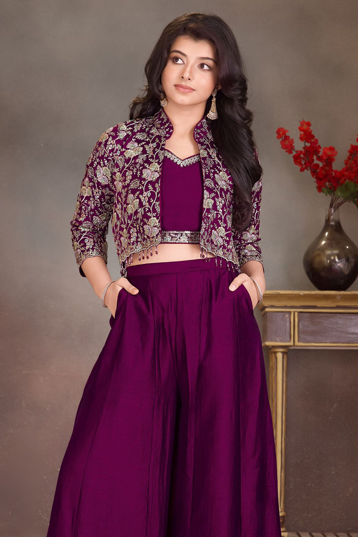 Wine Multicolor Embroidery, Zari, Sequins and Beads work Jacket Styled Palazzo Set for Girls