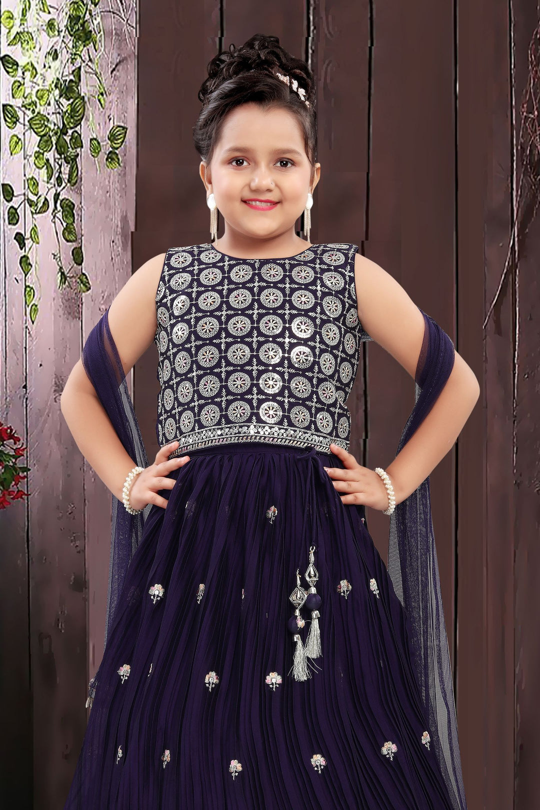 Purple Sequins, Zari and Thread work Lehenga Choli for Girls