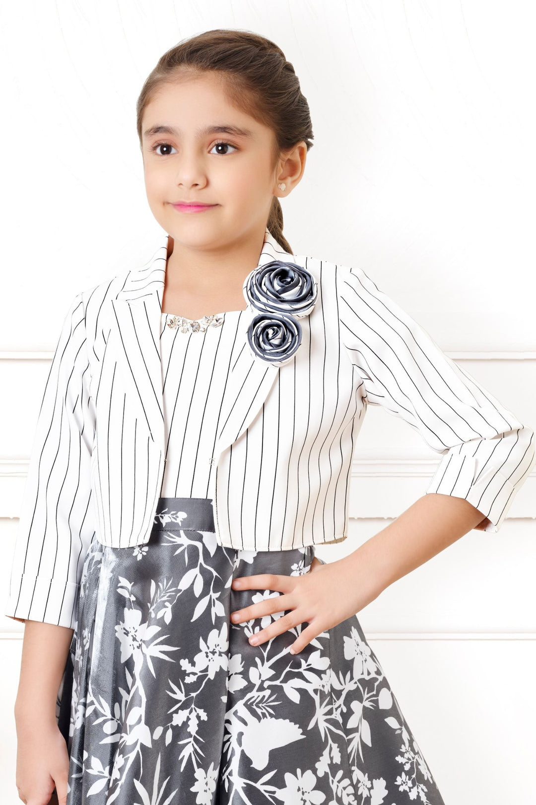 White with Grey Digital Print Jacket Styled Short Frock For Girls