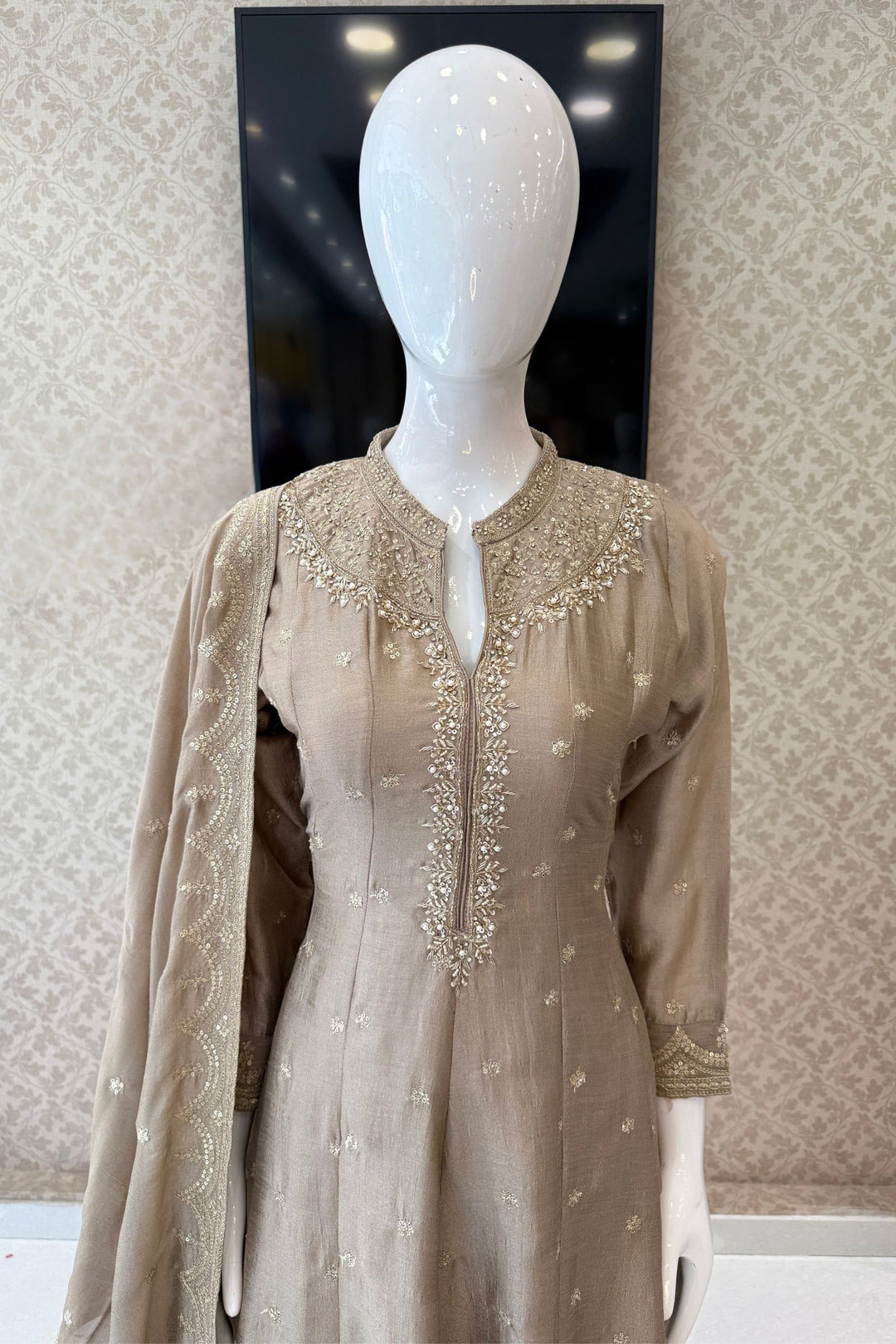 Beige Zari, Zardozi, Sequins and Stone work A-line Cut Salwar Suit