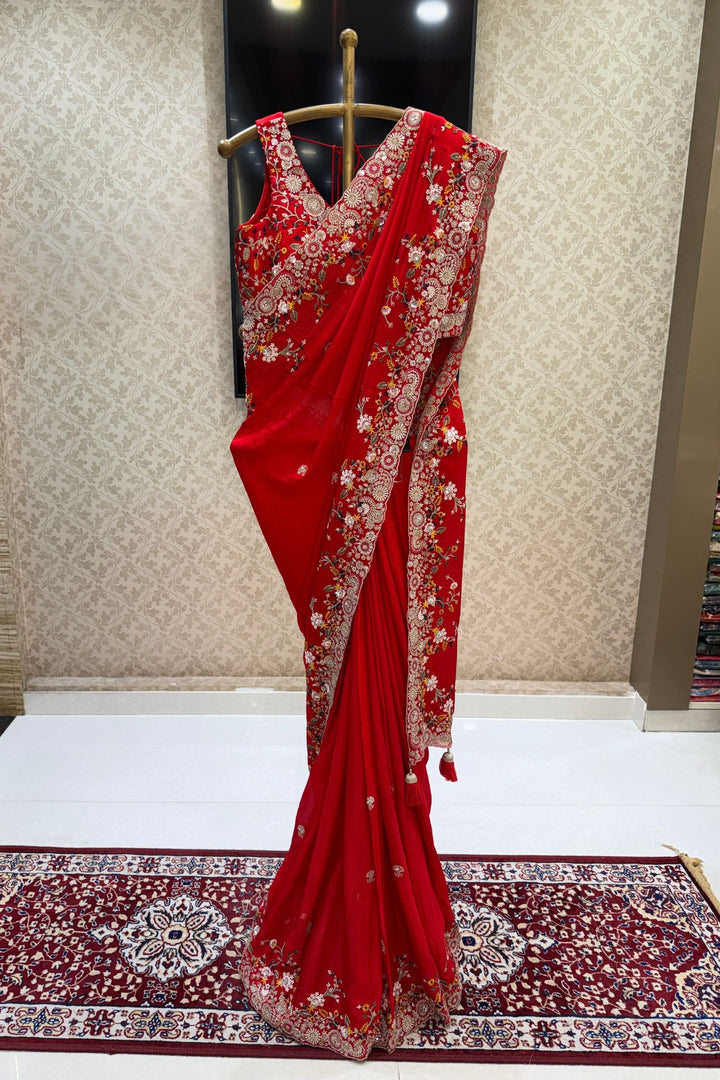 Red Saree with Multicolor Embroidery, Zari and Sequins Embellishments