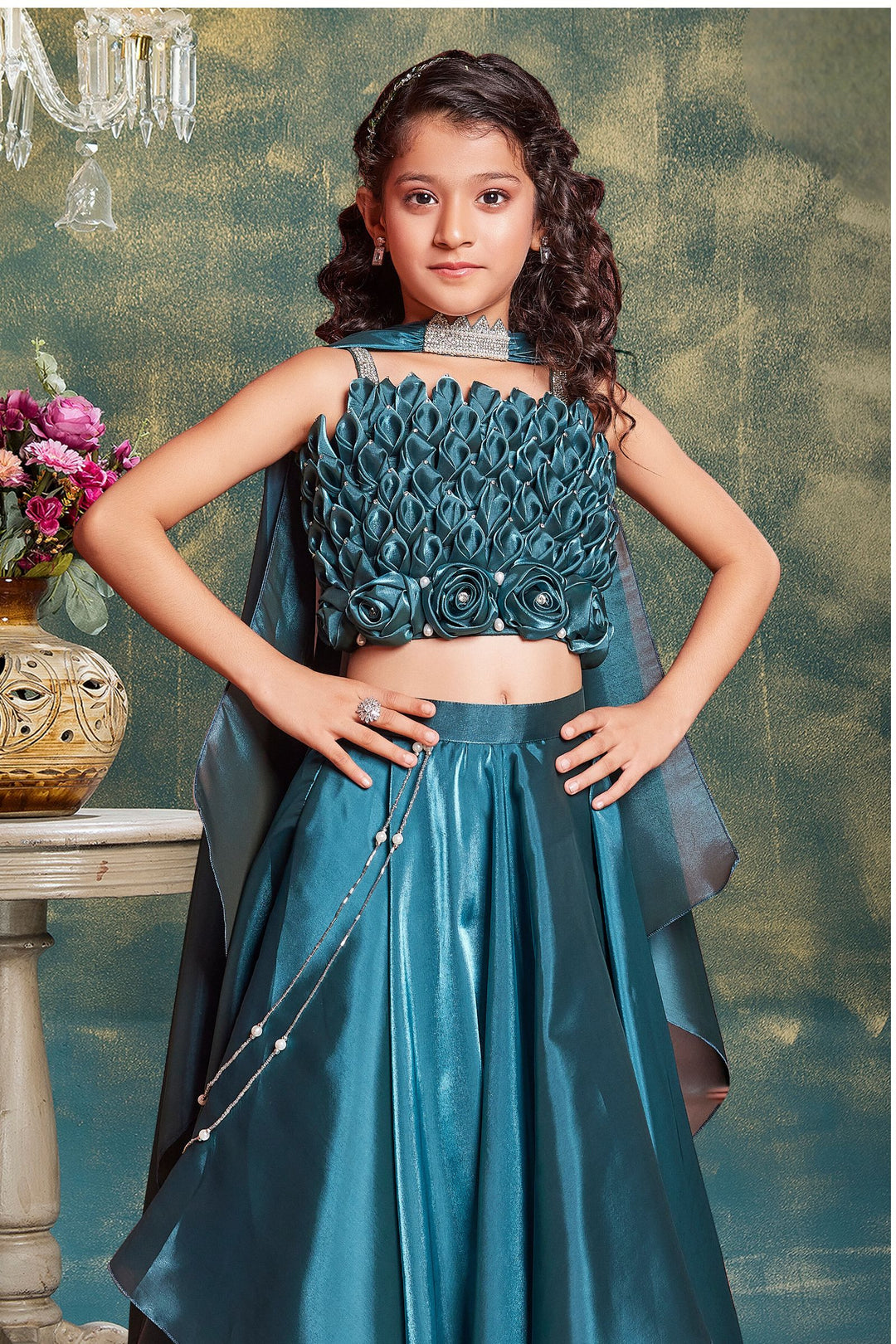 Peacock Green Stone and Pearl work Lehenga Choli for Girls