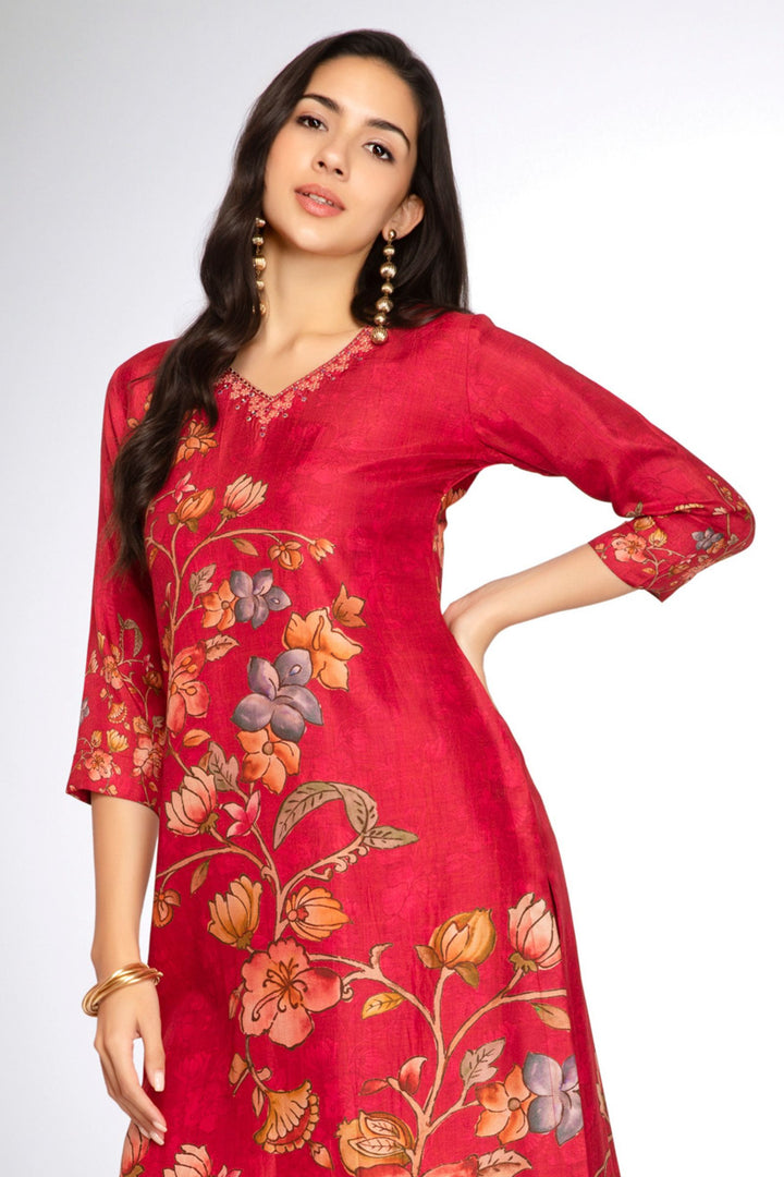 Tomato Red Mirror, Zari and Thread work with Floral Print Calf Length Kurti