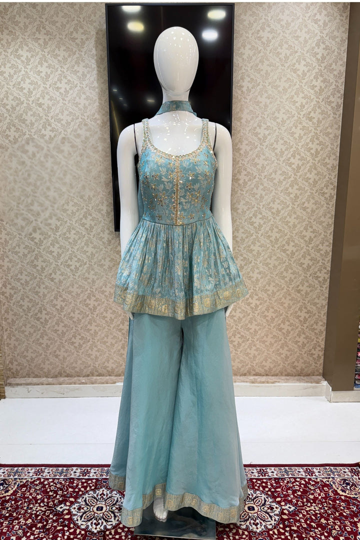 Sky Blue Banaras, Stone, Sequins, Beads and Zardozi work Peplum Top with Palazzo Suit Set