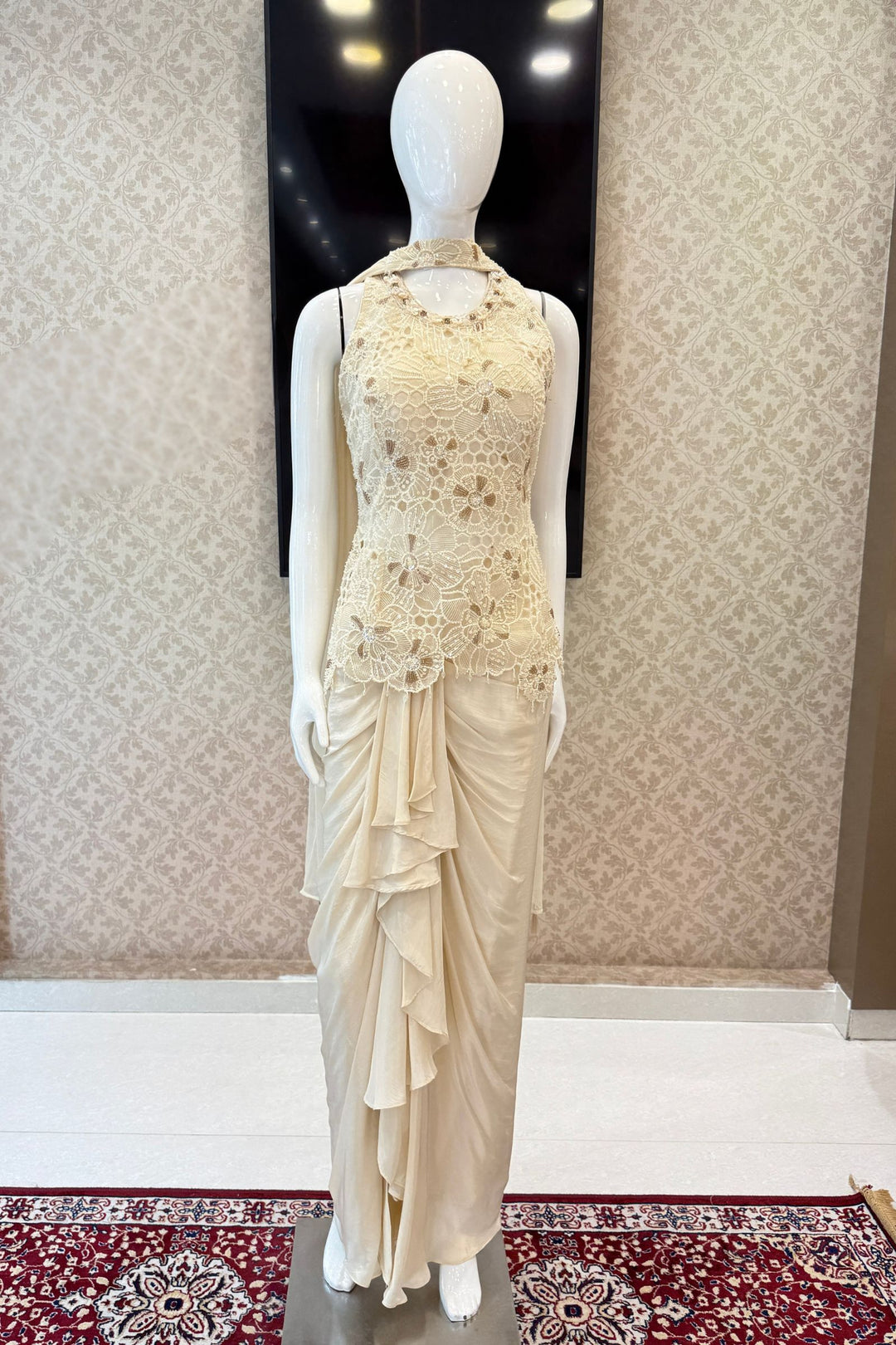 Cream Indo-Western Styled Beads, Sequins and Thread work Top and Cowl Skirt