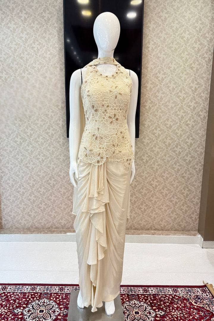 Cream Indo-Western Styled Beads, Sequins and Thread work Top and Cowl Skirt