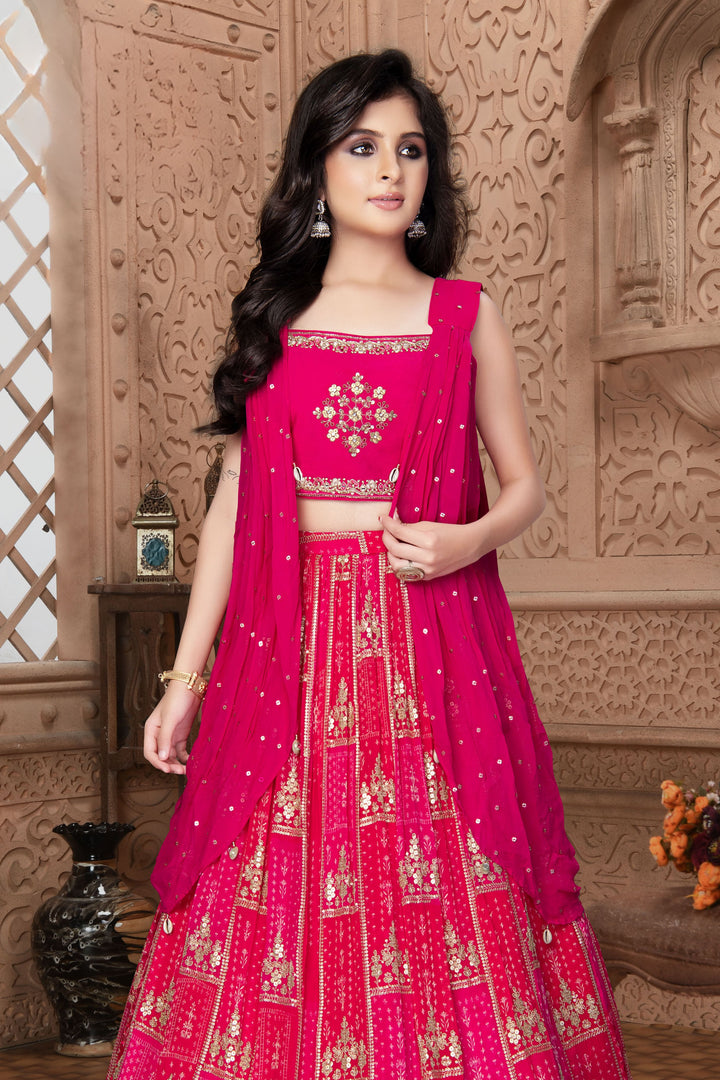 Pink Sequins and Zari work with Digital Print Overcoat Styled Lehenga Choli for Girls