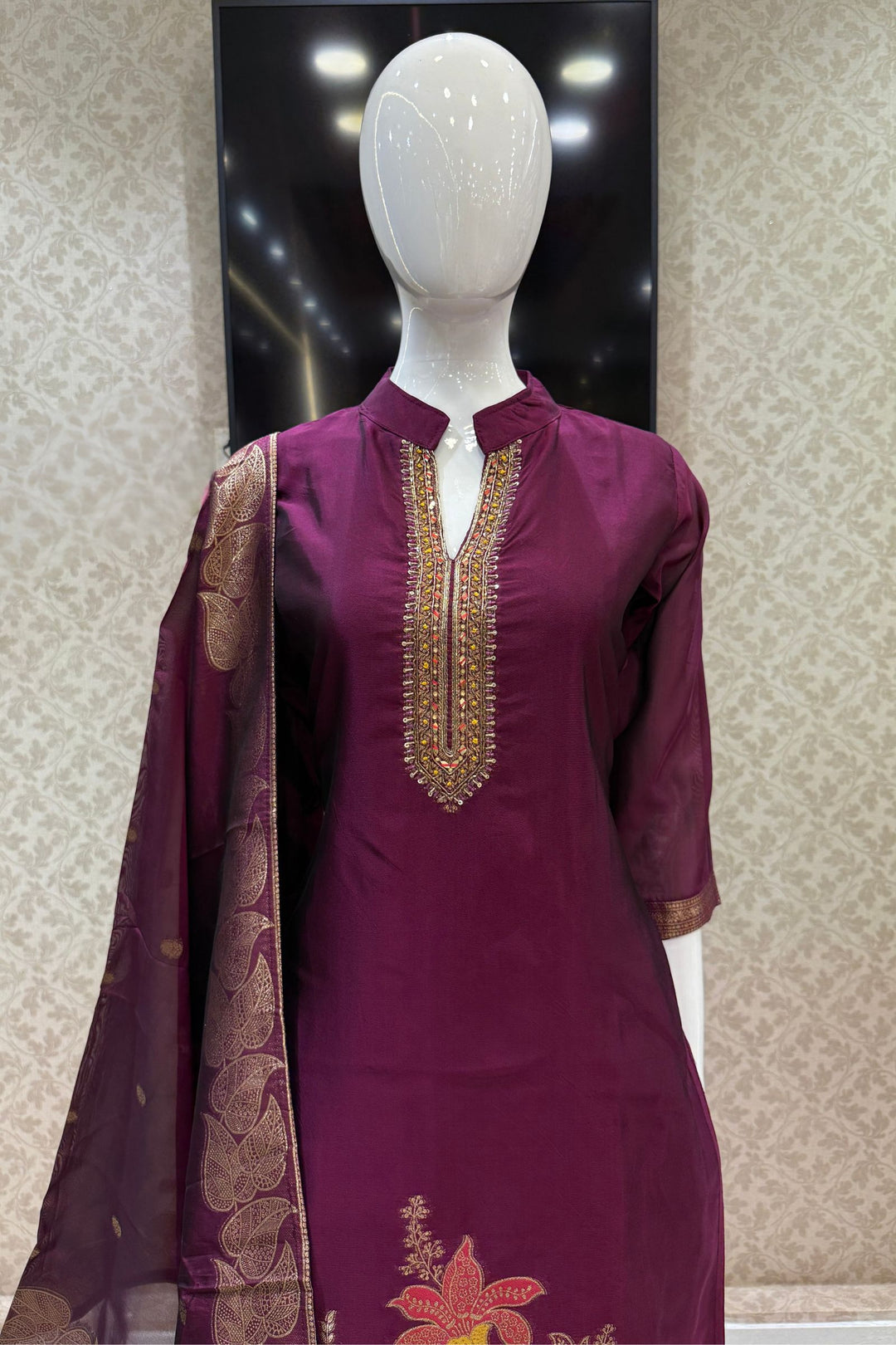 Wine Straight Cut Salwar Suit with Beads, Zardozi, Sequins, Mirror and Brocade work
