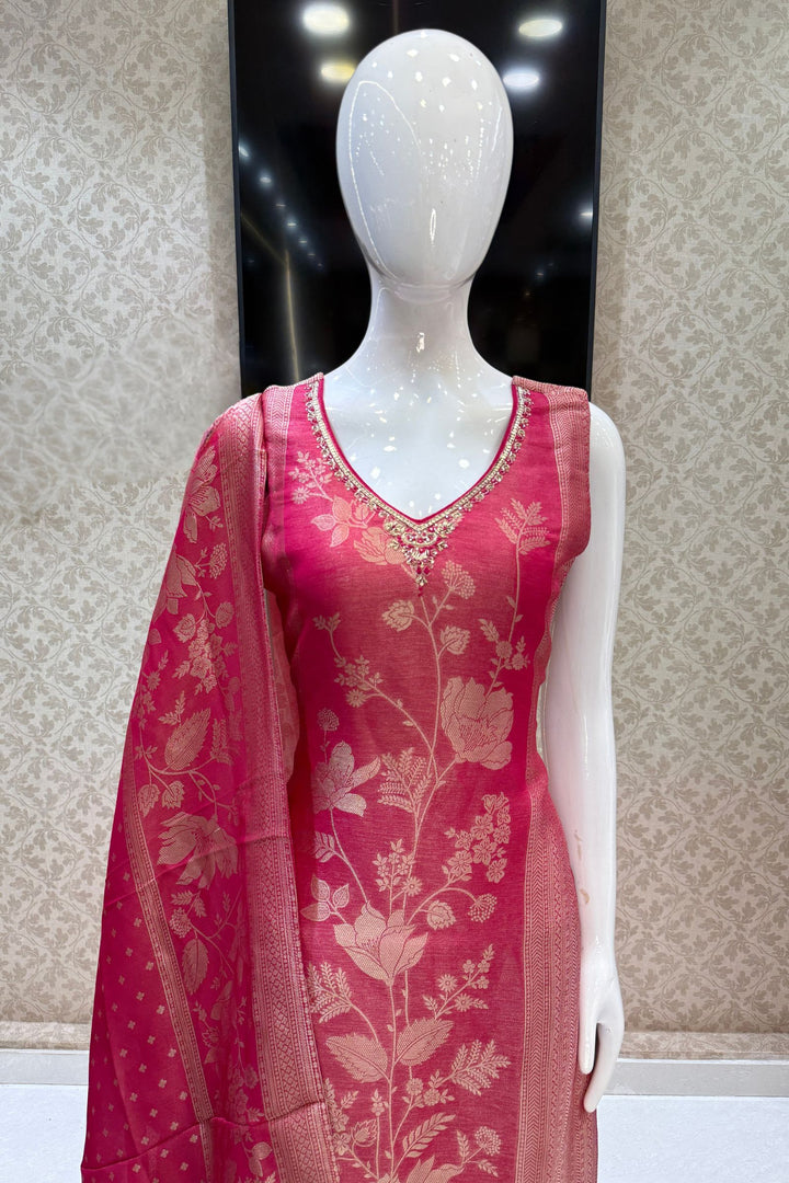 Rani Pink Brocade, Zardozi, Beads, Thread, Stone and Zari work Straight Cut Salwar Suit