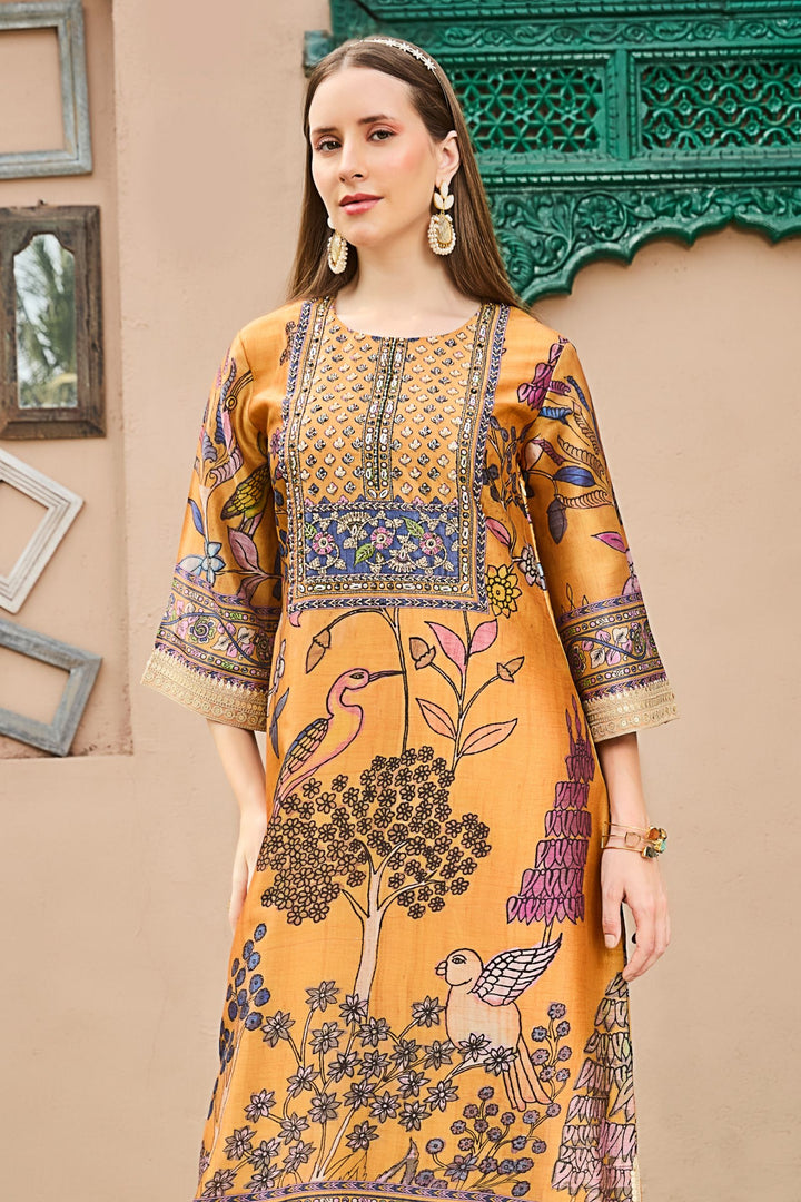 Mustard Beads, Sequins and Thread work with Multicolor Digital Print Low Slit Gown