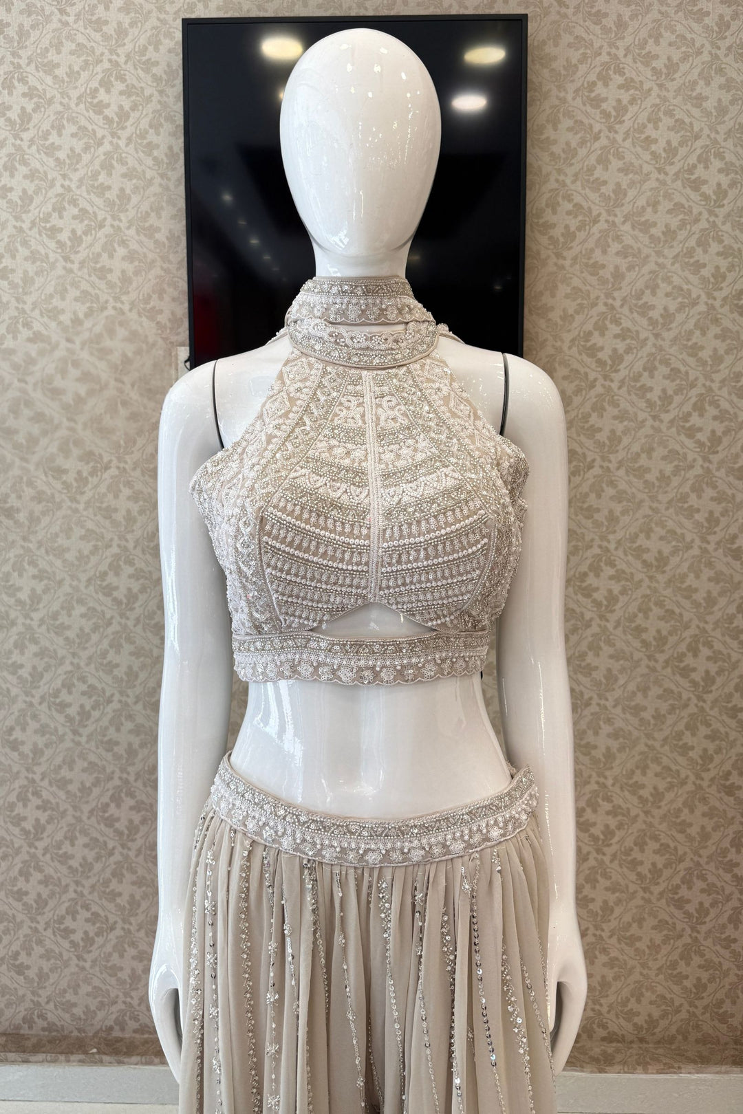 Beige Beads, Sequins and Thread work Halter Neck Palazzo Set
