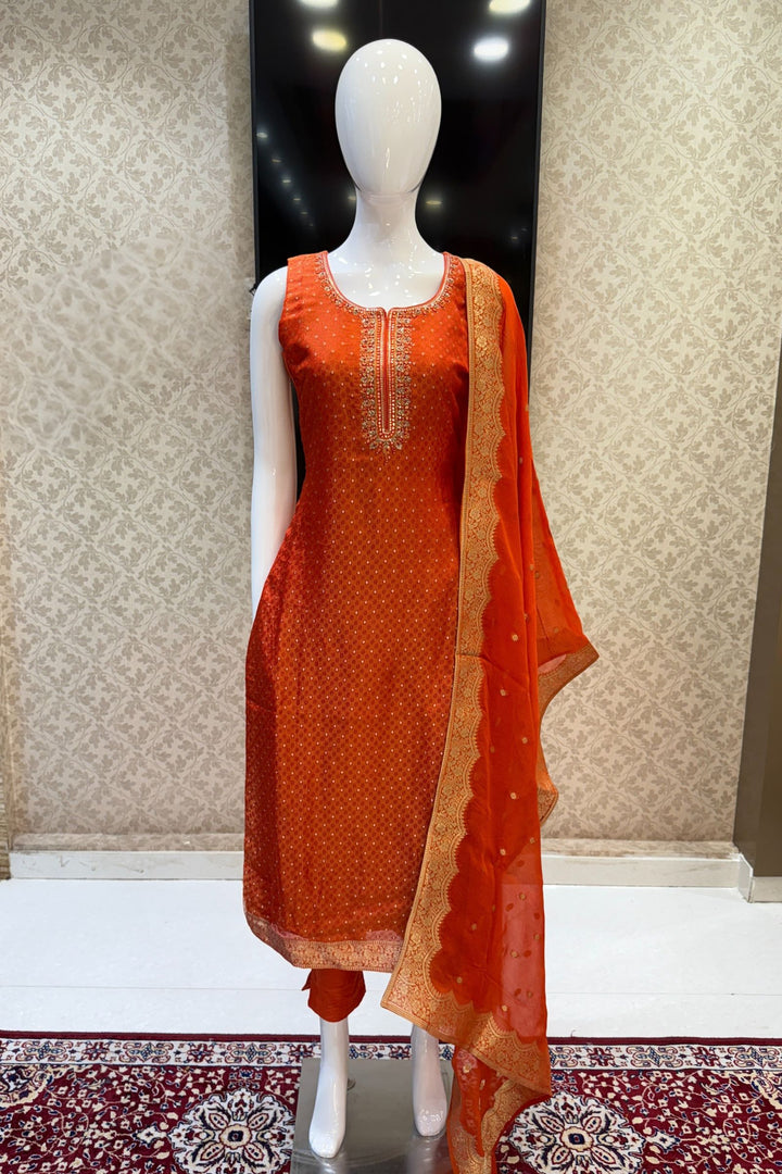 Orange Banaras, Zardozi, Mirror, Stone and Sequins work Straight Cut Salwar Suit