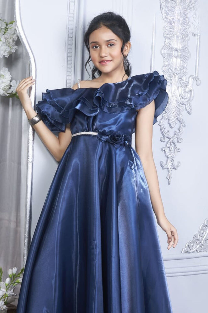 Blue Stone work Long Party Gown for Girls