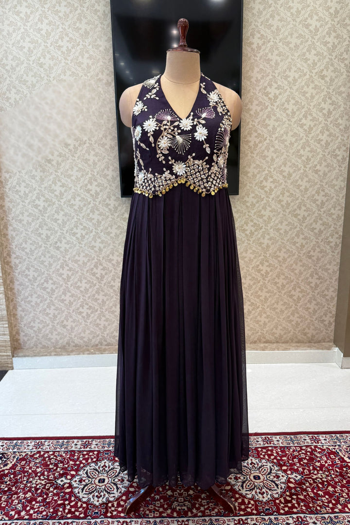 Wine Beads and Zari work Halter Neck Floor Length Anarkali Suit