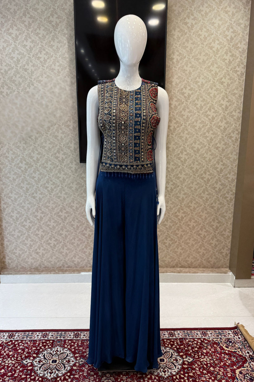 Indigo Blue Indo-Western Styled Ajrak Print, Kundan, Zardozi and Beads work Palazzo Set
