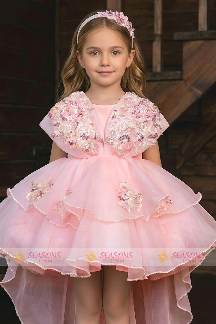 Baby Pink Sequins and Beads work Tail Cut Double Layered Partywear Frock for Girls