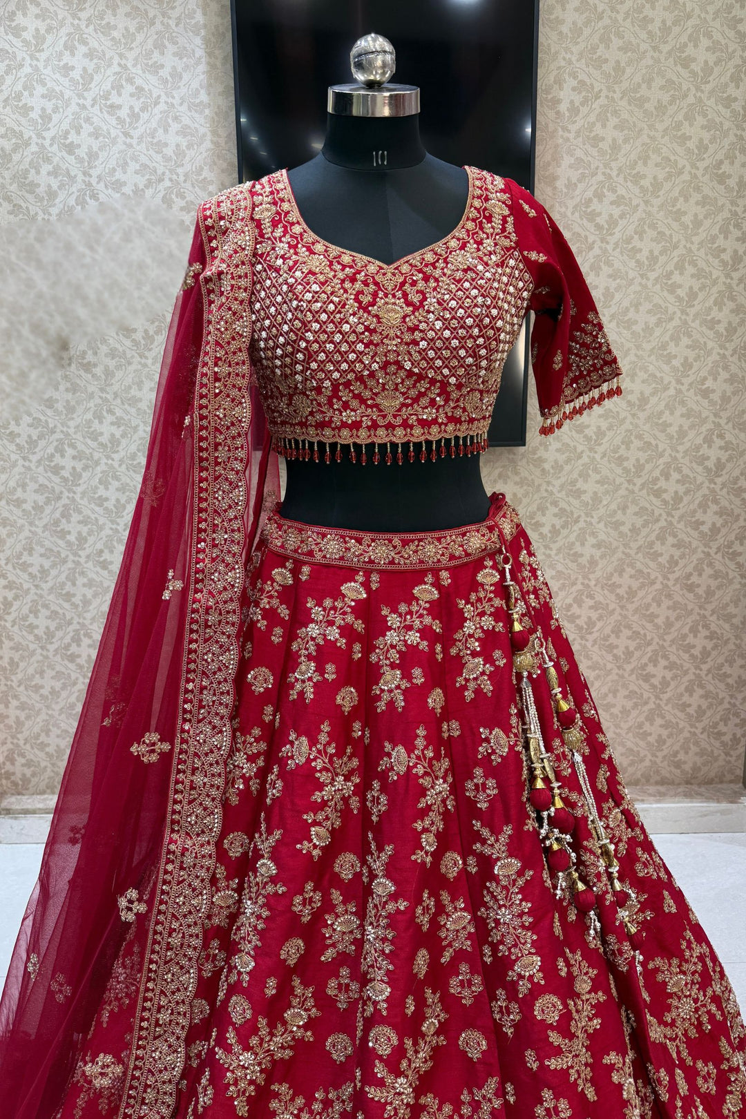 Maroon Beads, Zari, Zardozi and Sequins work Crop Top Designer Bridal Lehenga with Belt