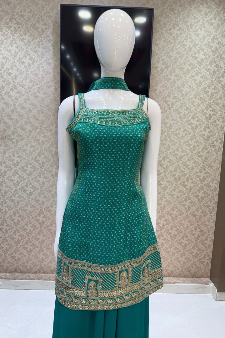 Rama Green Sequins, Beads, Stone and Zari work with Bandini Print Palazzo Salwar Suit