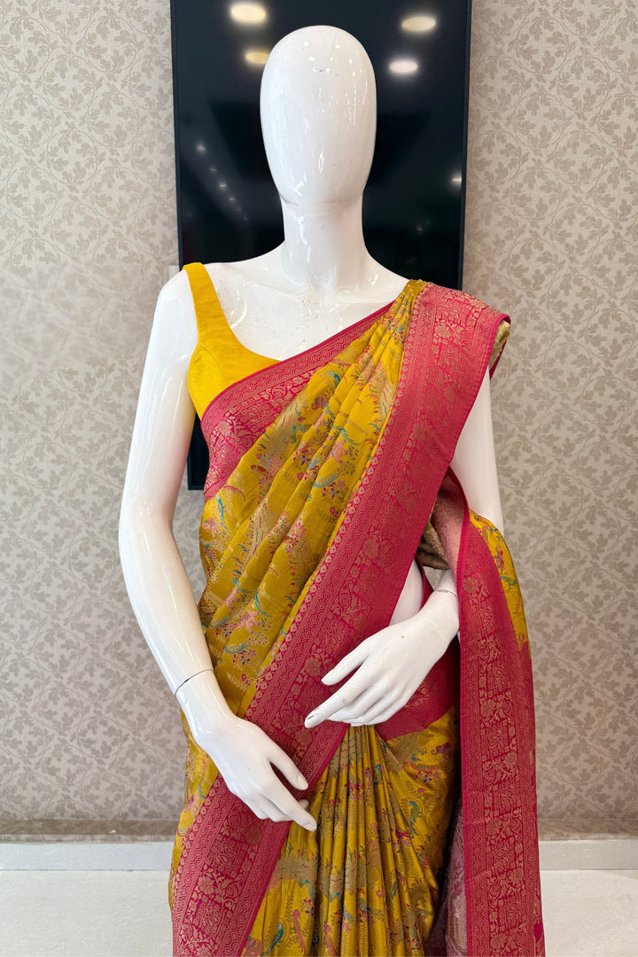 Yellow Saree Featuring Heritage Wildlife and Floral Banaras