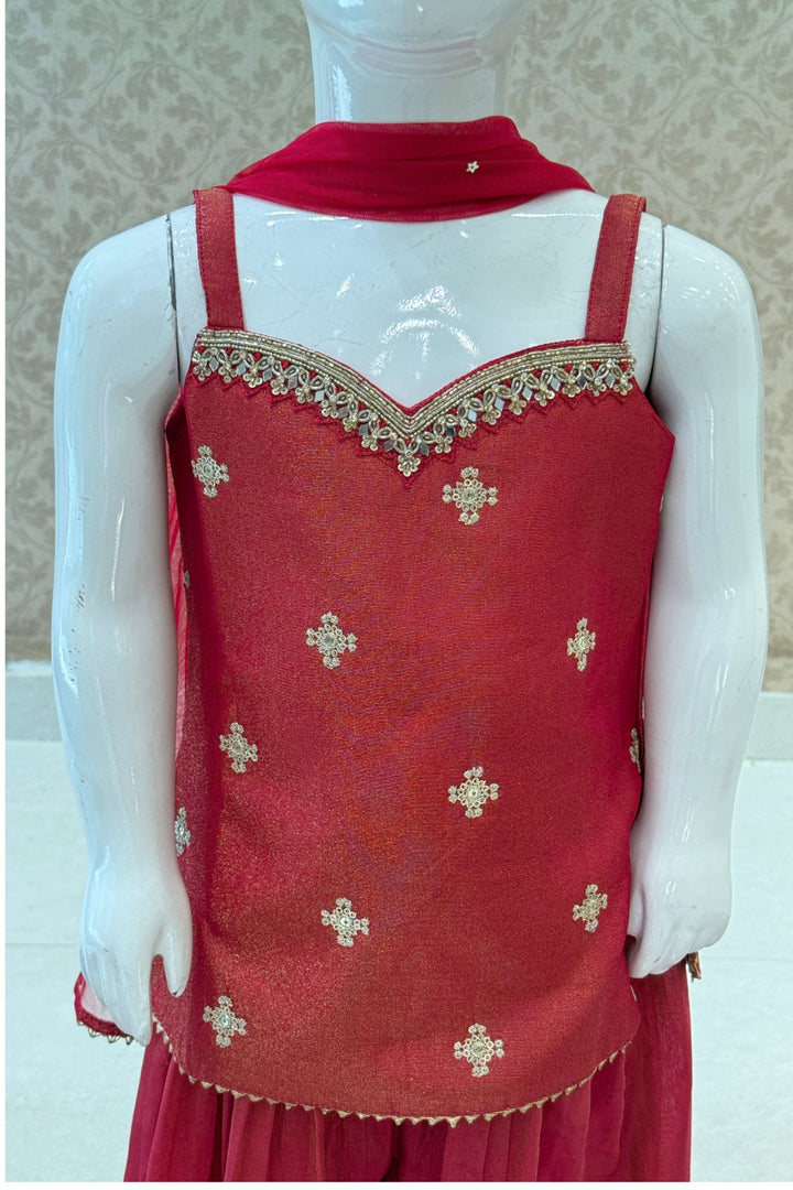 Pinkish Red Sequins, Zari, Beads and Mirror work Palazzo Suit Set for Girls