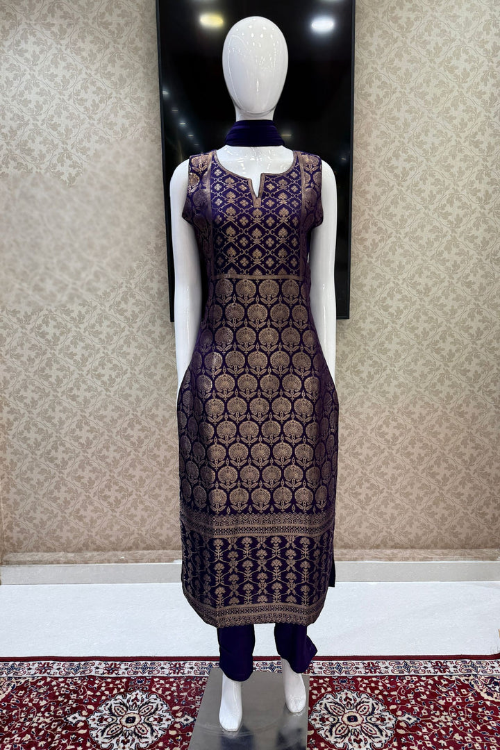 Purple Banaras work Straight Cut Salwar Suit