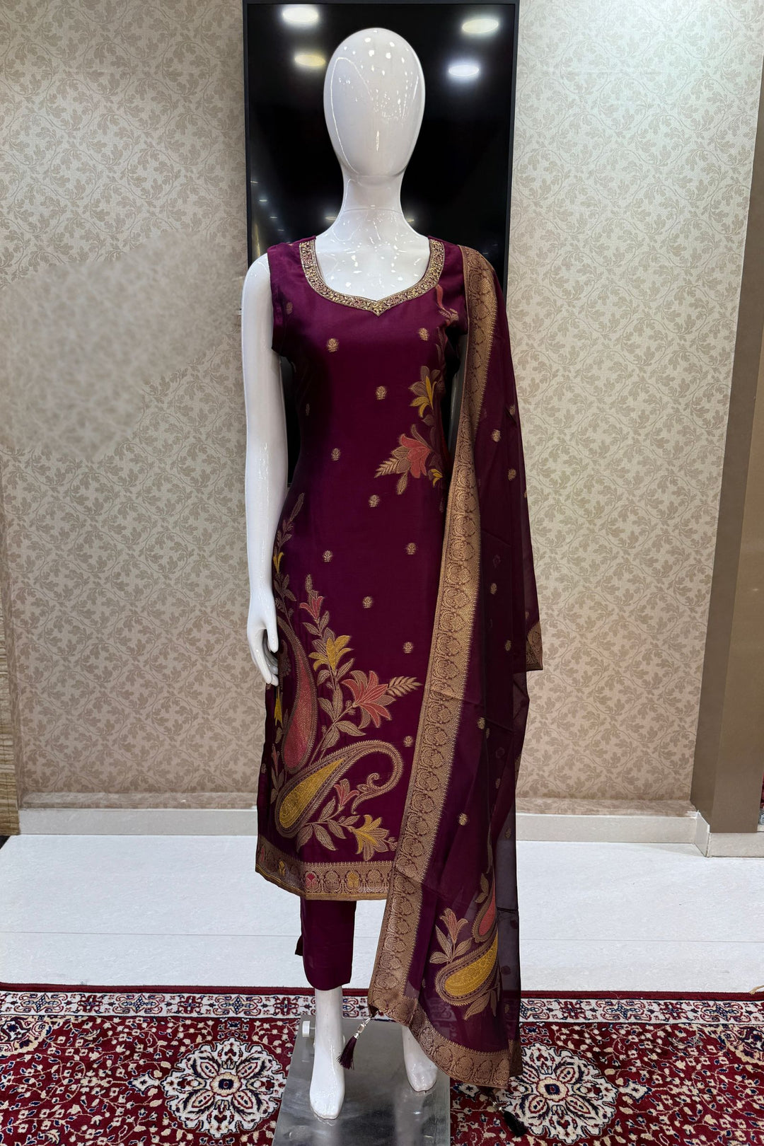 Wine Banaras, Zardozi, Beads, Zari, Stone and Mirror work Straight Cut Salwar Suit