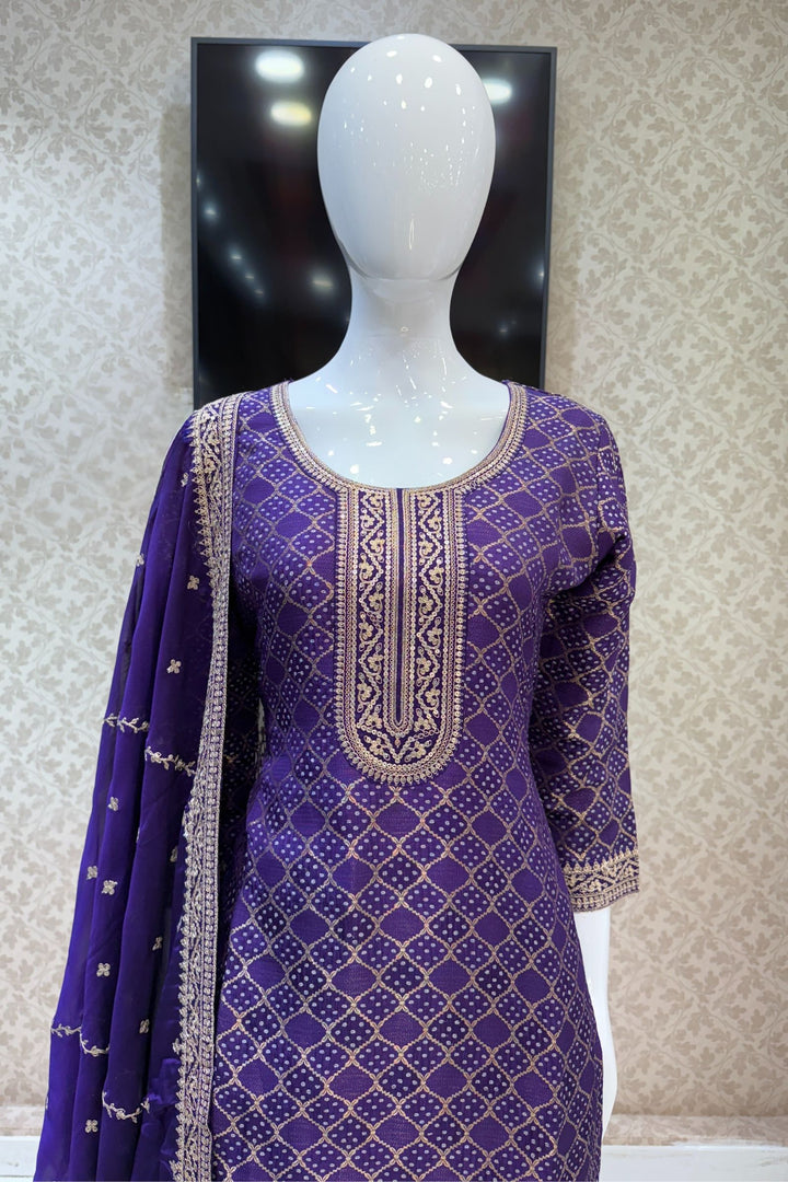 Purple Banaras, Sequins and Zari work with Bandini Print Straight Cut Salwar Suit
