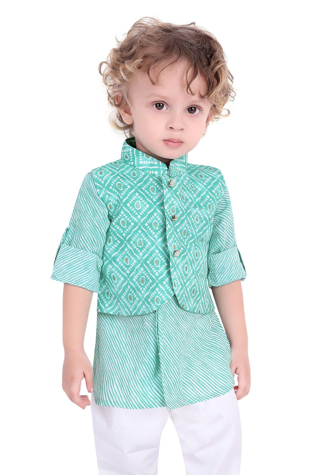 Sea Green with White Digital Print Waist Coat Kurta Set for Boys