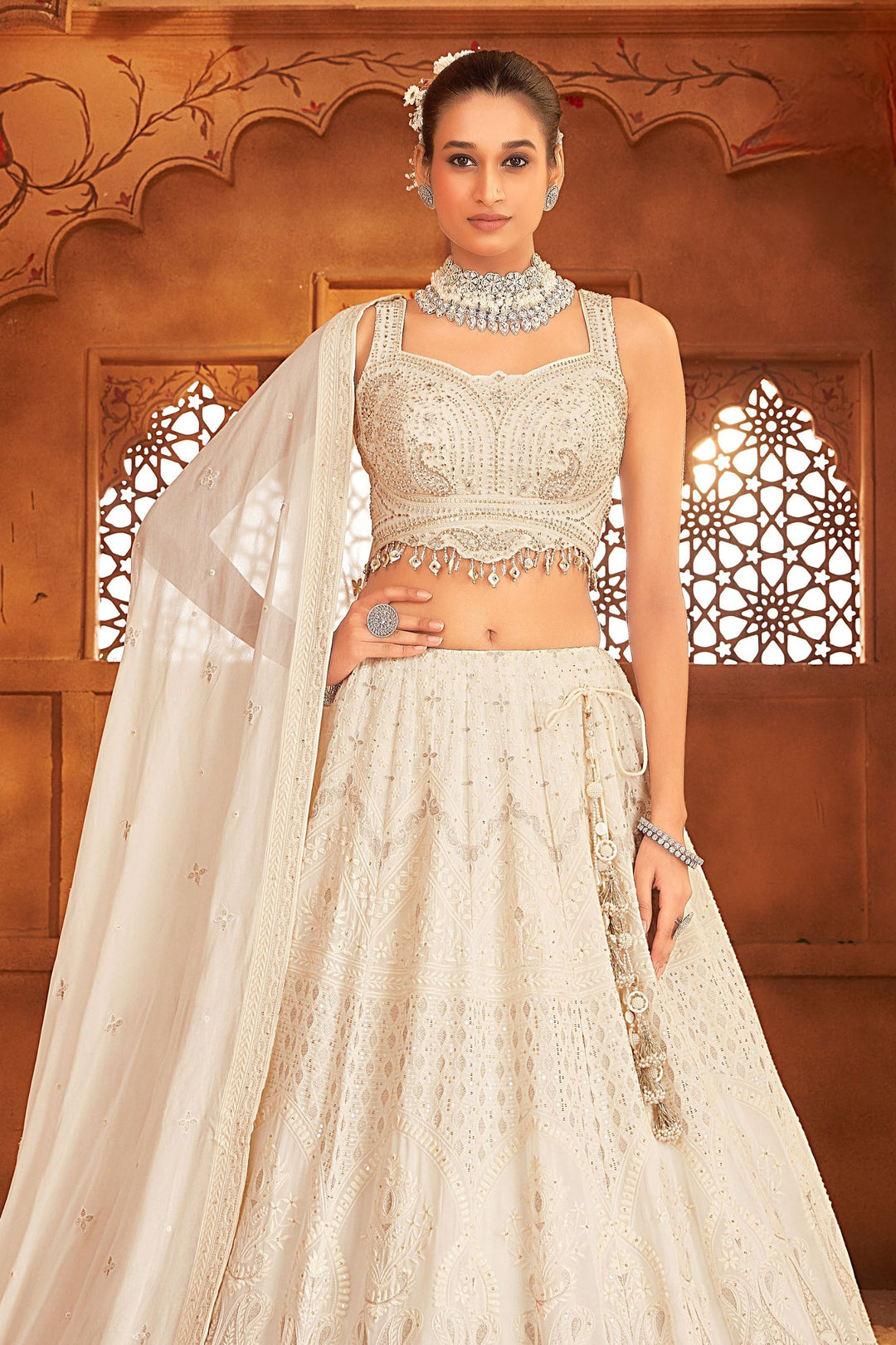 Cream Stone, Pearls, Zari, Sequins, Mirror, Beads and Embroidery work Crop Top Lehenga