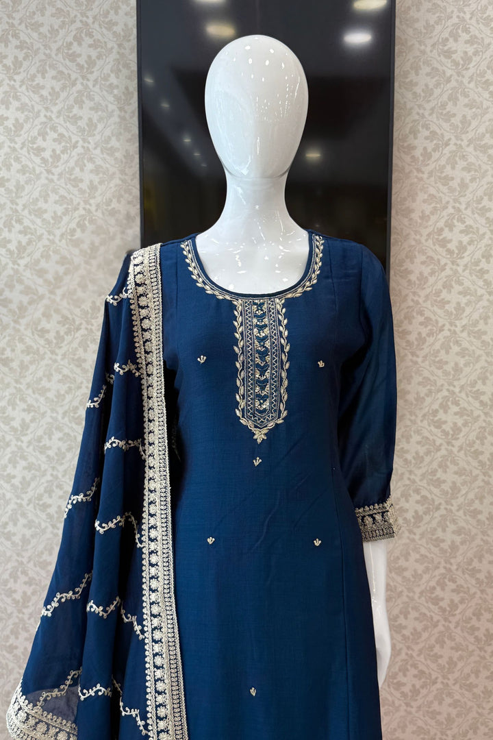 Peacock Blue Zardozi, Beads, Sequins, Thread and Zari work Aline Cut Salwar Suit