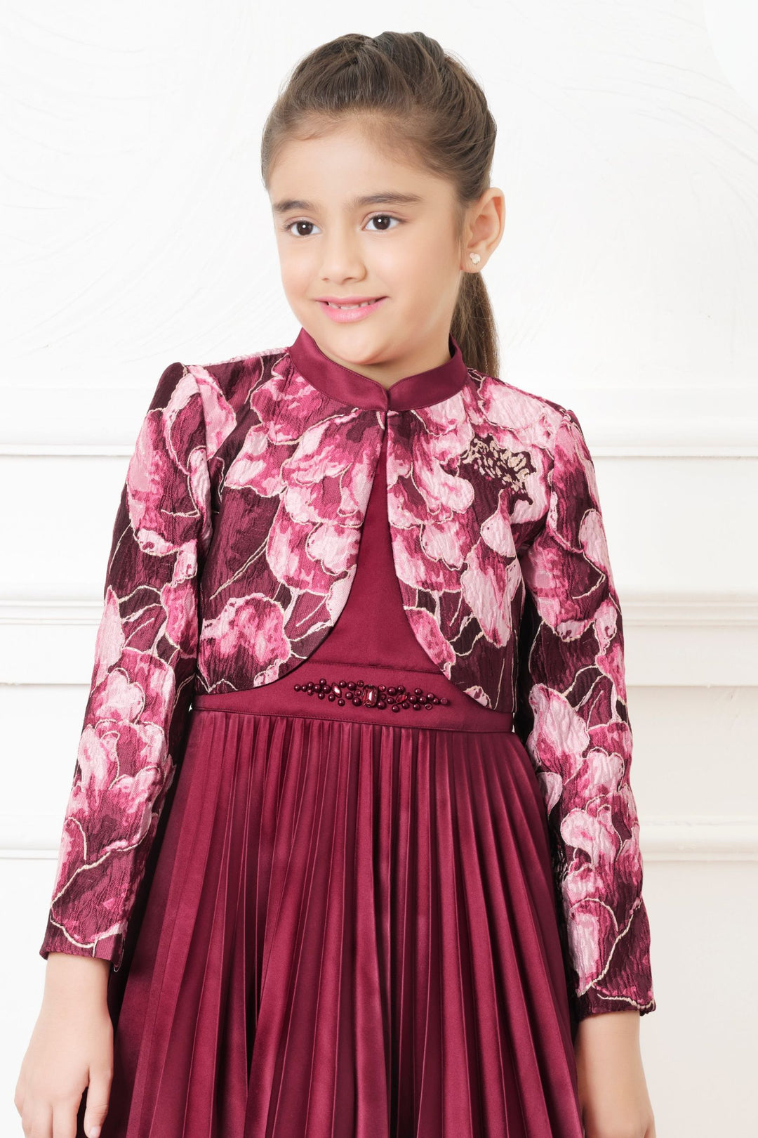Maroon Digital Print Jacket Styled Short Frock For Girls