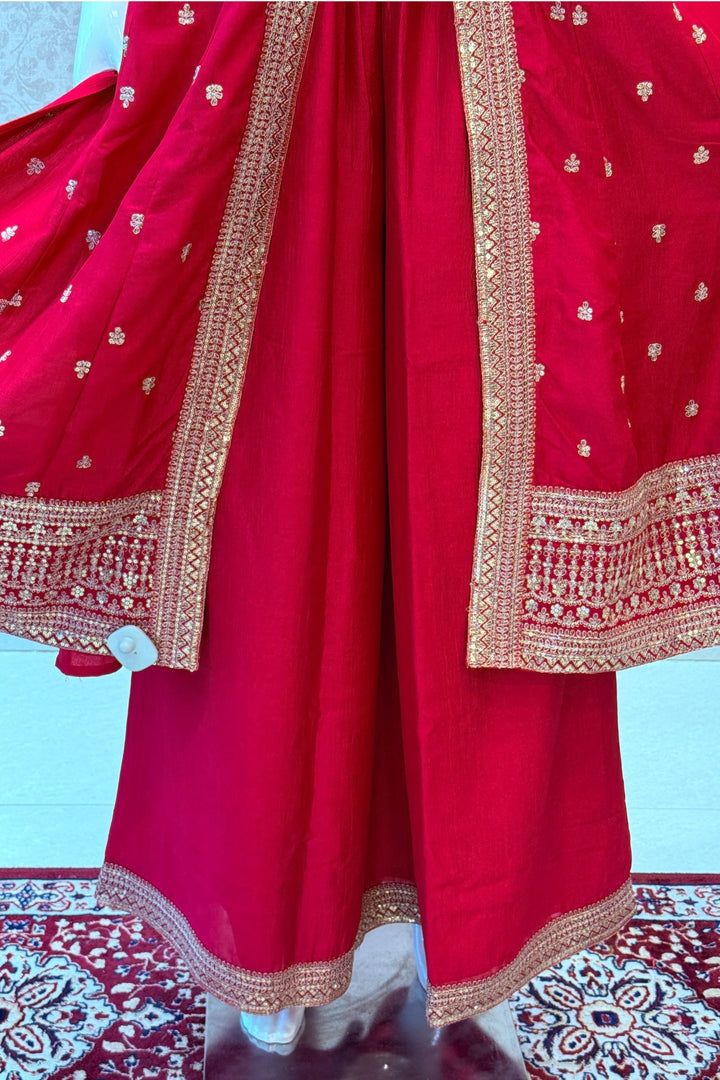 Pinkish Red Sequins and Zari work Palazzo Salwar Suit