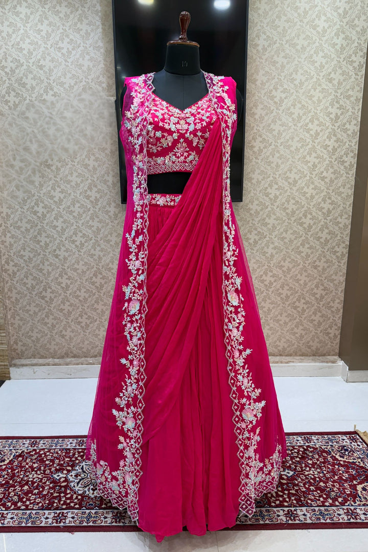 Rani Pink Sequins, Stone and Pearl work Indo-Western Styled Crop Top Lehenga  with Overcoat