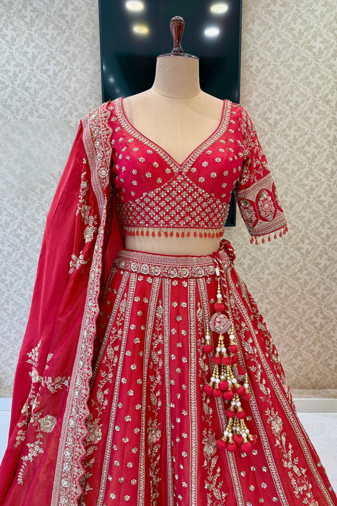 Coral Red Handworked Zardozi, Sequins, Pearl and Beads work Crop Top Designer Bridal Lehenga