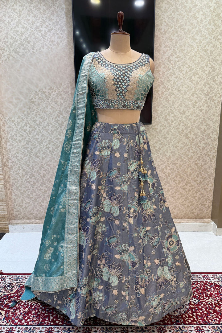 Grey Beads, Sequins, Zardozi and Multicolor Thread work with Digital Print Crop Top Lehenga