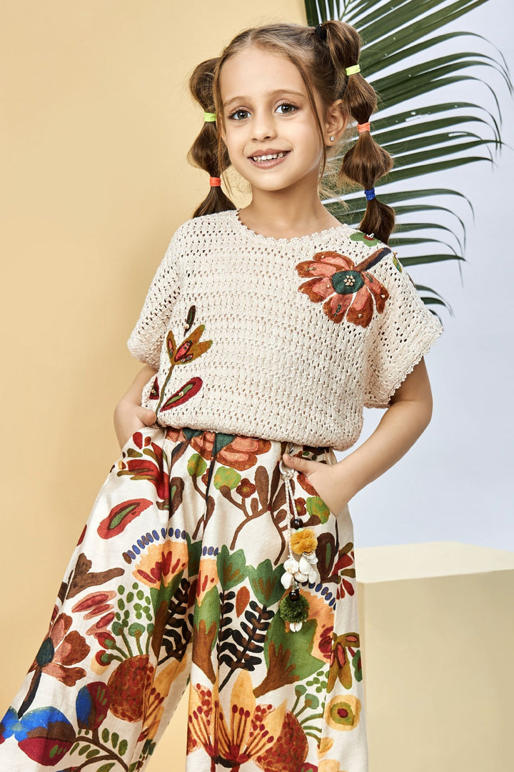 Beige Multicolor Digital Print Top and Palazzo Set for Girls