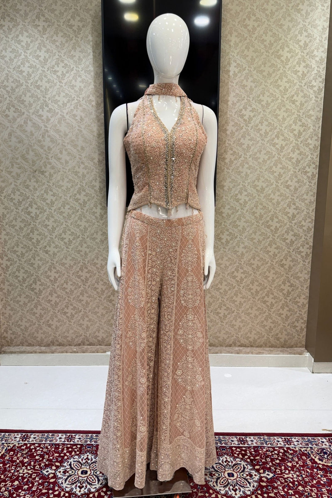 Peach Halter Neck Palazzo Set with Chikankari, Beads, Sequins, Mirror and Stone Detailing