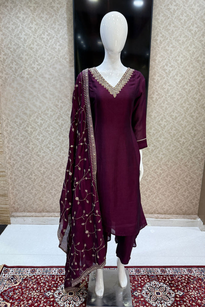 Wine Beads, Pearl, Zardozi, Stone, Zari and Sequins work Aline Cut Salwar Suit